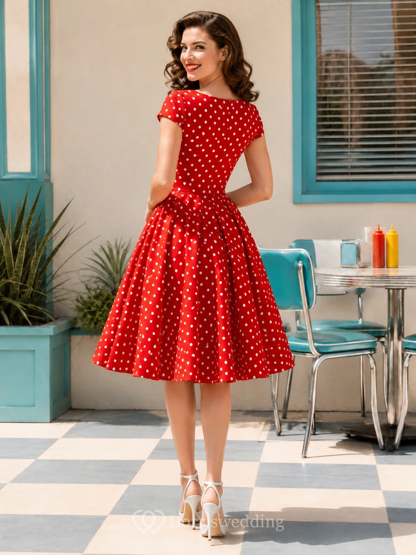 Red Polka Dot Sweetheart Cap Sleeve Retro Swing Dress view 2