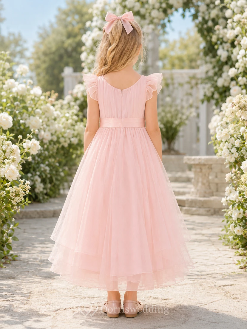 Vestido de niña de las flores, color rosa empolvado, tul, corte en A, manga corta, cuello joya, largo midi, detalle de lazo. view 2
