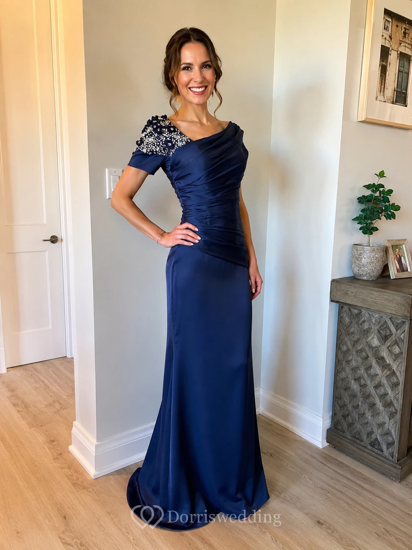 Asymmetrisches Meerjungfrauen-Kleid aus Satin mit Strasssteinen und Raffungen view 9