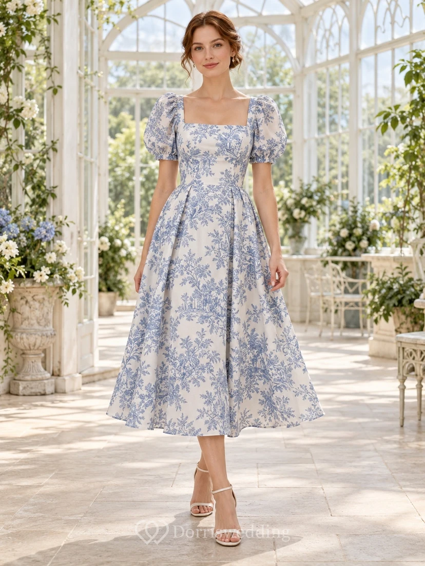 Vestido de invitada de corte A, largo midi, con estampado toile azul pizarra, escote cuadrado y mangas abullonadas.