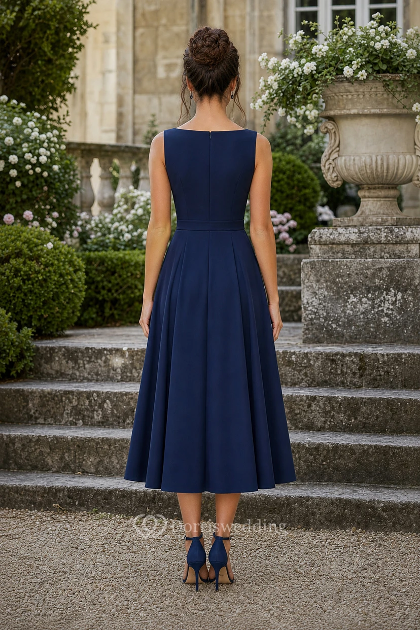 Dark Navy Bateau Satin Tea-Length A-Line Dress view 2