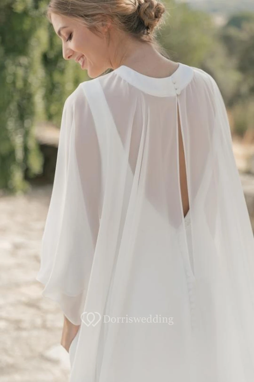 Simple Chiffon Jewel-neck Sheer Sheath Boho Wedding Dress with Cape view 3