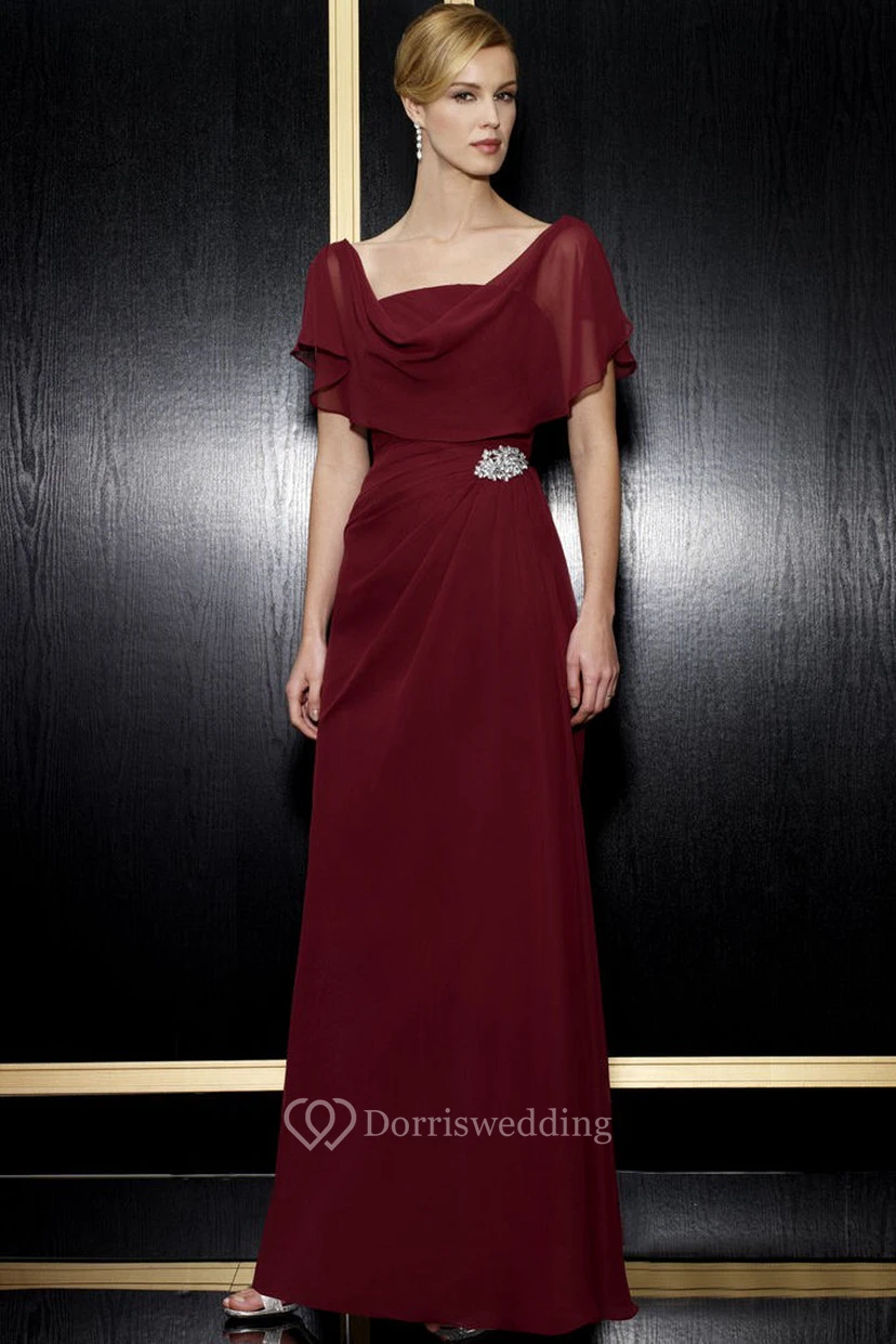 Maxi Cowl Poet-Short-Sleeve Broach Chiffon Formal Dress With Low-V Back