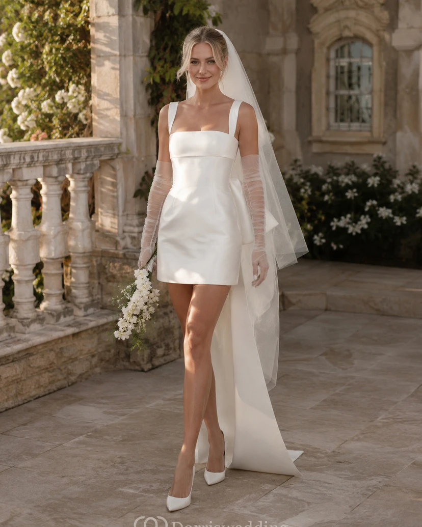 Chic Satin Square Neck Mini Wedding Dress - Perfect for Reception or Elopement view 12
