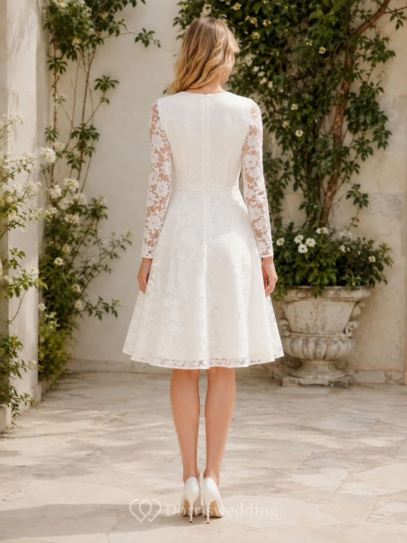 Weißes, langärmeliges, kurzes A-Linien-Kleid aus Spitze mit Rundhalsausschnitt view 2