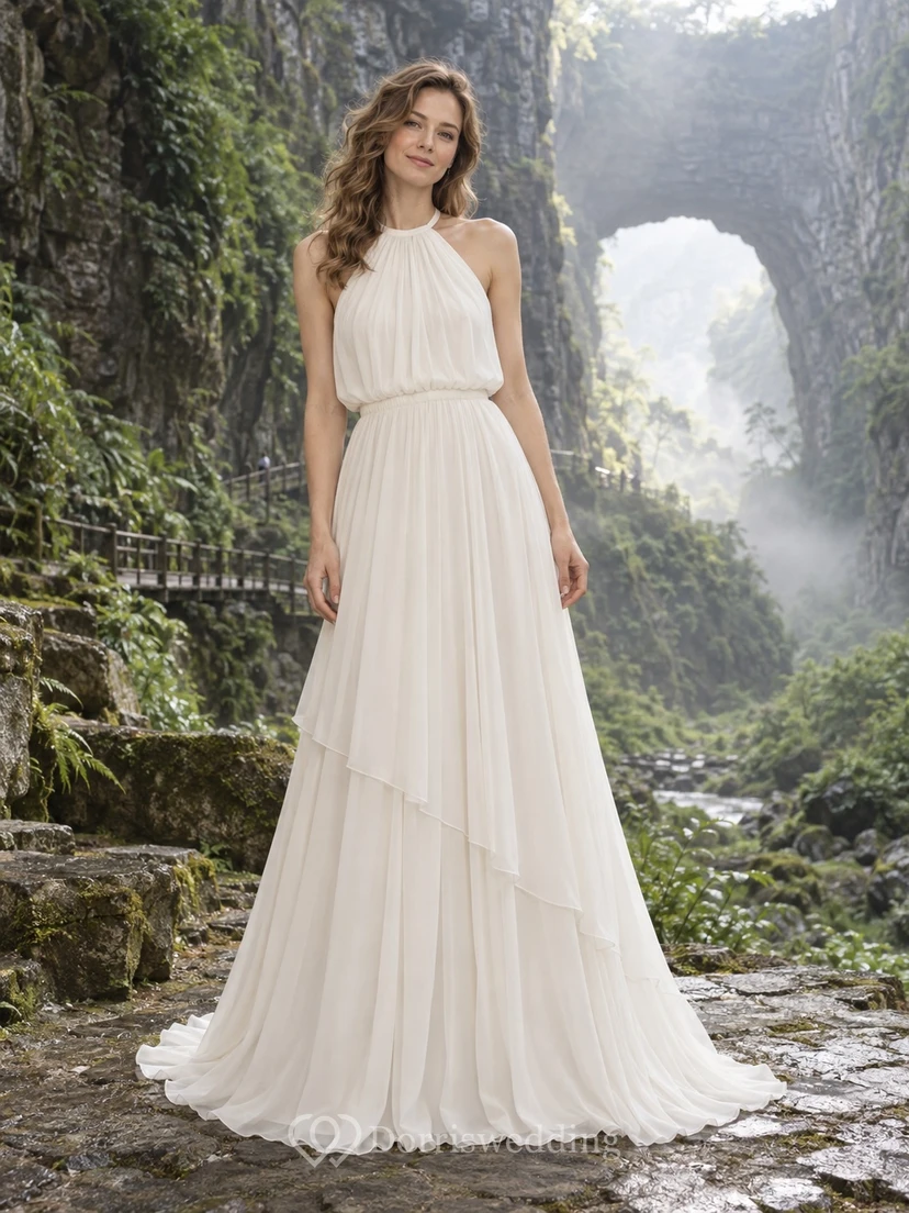 Vestido de novia sencillo de gasa con escote halter y cuello alto, corte en A y volantes.
