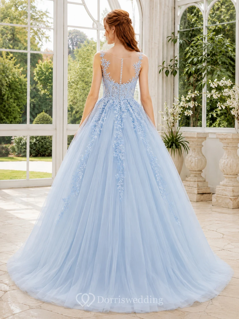 Sky Blue V-Neck Tulle Lace Ball Gown Formal Dress view 2