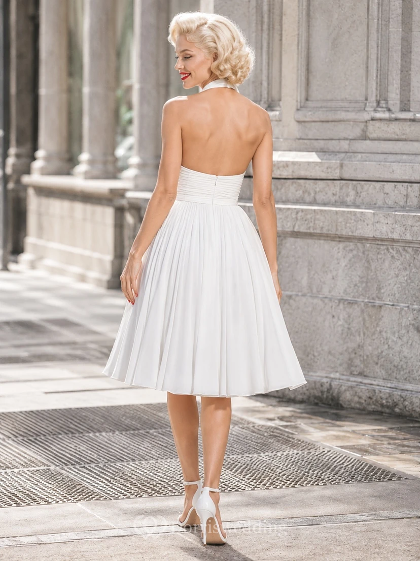 White Halter Sleeveless Chiffon A-Line Tea-length Pleated Vintage Cocktail Dress view 2