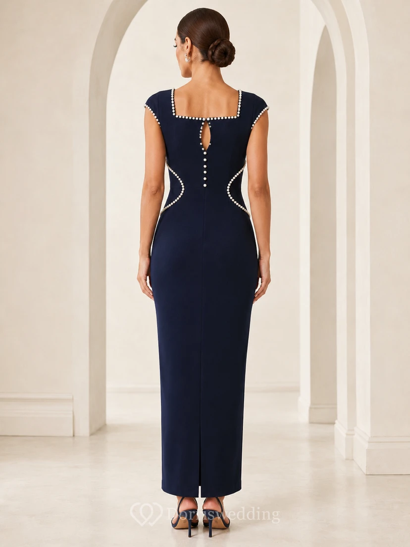 Vestido de fiesta de columna azul marino oscuro con cuello cuadrado y perlas view 2