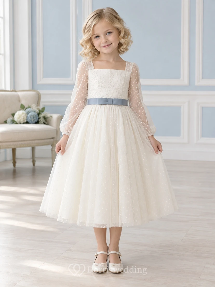 Tea-length Long Sleeve Square Neck Ivory A-line Lace Tulle Blue-sash Flower Girl Dress