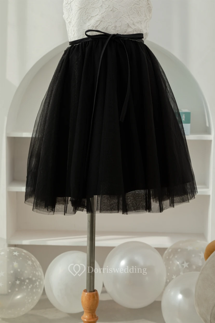 Lace Black and White Short A-line Tulle Flowergirl Dress view 4
