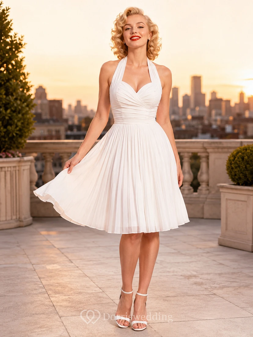 Classic Halter Ivory A-Line Tea-length Sleeveless Chiffon Vintage Simple Cocktail Guest Garden Dress