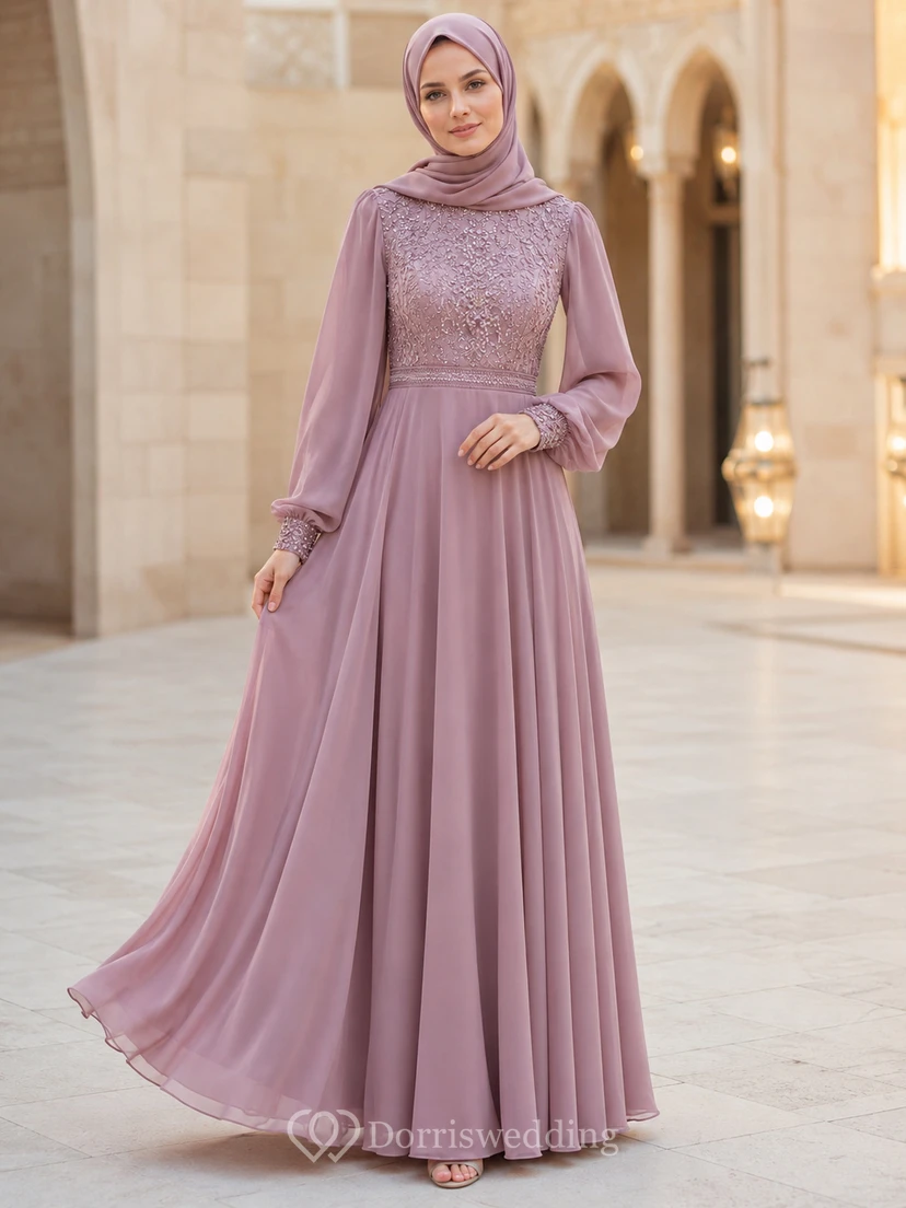 Schlichtes Vintage-Abendkleid aus mauvefarbenem Chiffon mit hohem Kragen, langen Puffärmeln, Perlenbesatz und A-Linien-Schnitt, bodenlang, mit Hijab-Abendkleid