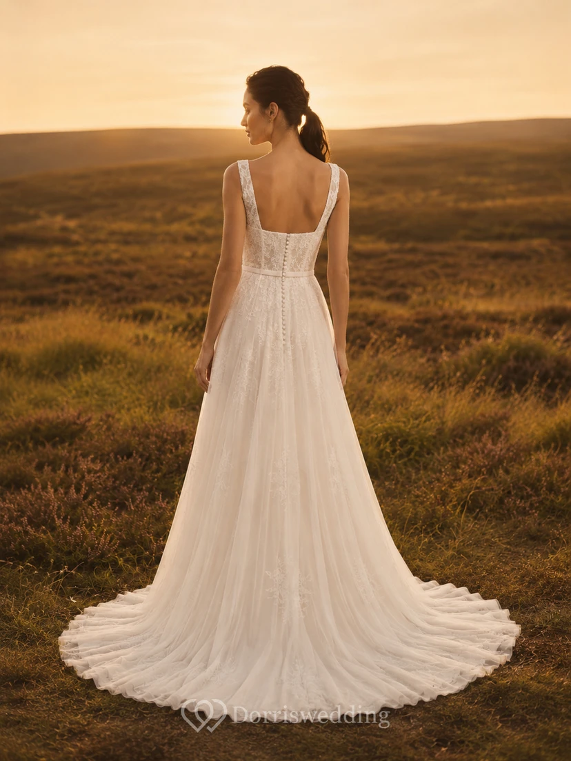 Square neck lace bodice flowing A-line outdoor wedding dress view 2