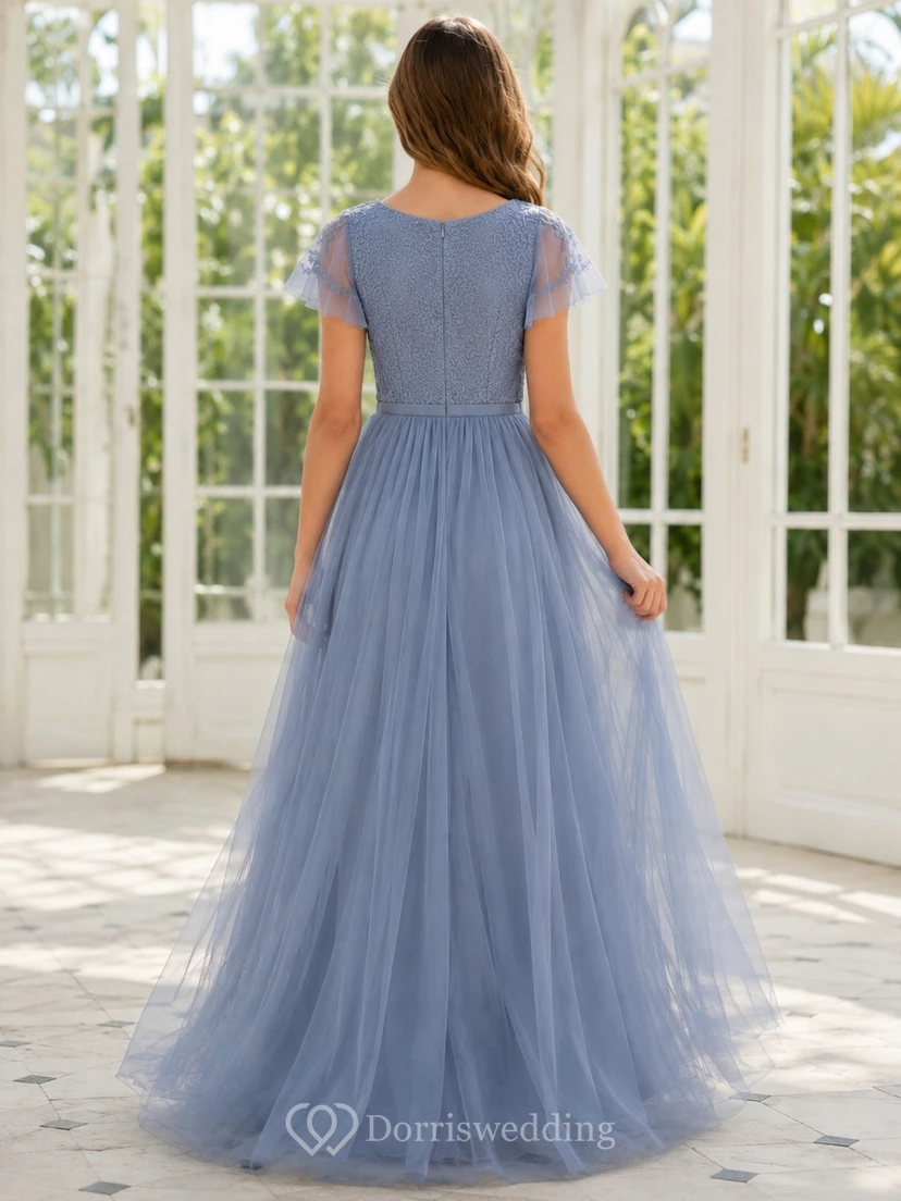 Stahlblaues Brautjungfernkleid für junge Damen, A-Linie, V-Ausschnitt, kurze Illusionsärmel, Tüll, bezaubernd romantisch view 2