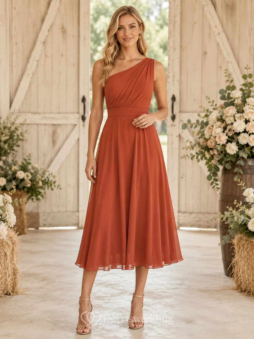Terracotta One Shoulder Chiffon Tea Length Rustic Guest Dress