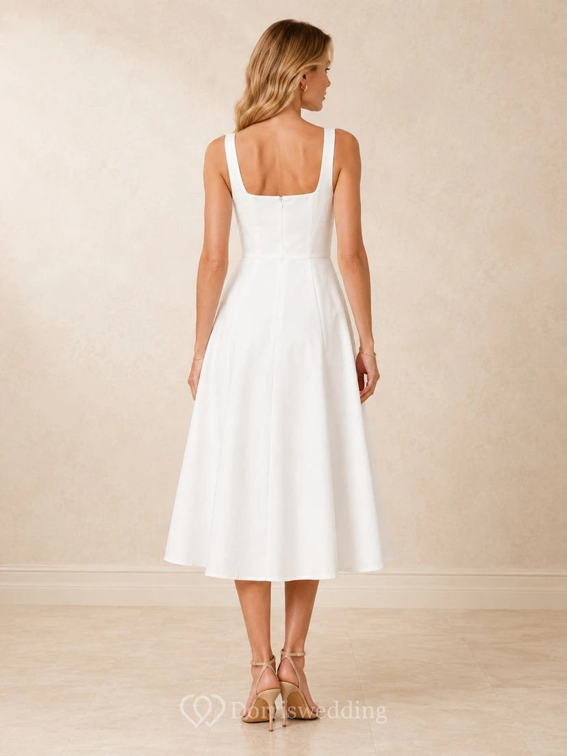 White Satin Spaghetti Strap Square Neck A-Line Tea-length Guest Dress view 2