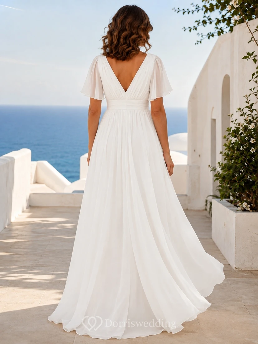 White Floor-Length Chiffon A-Line V-Neck Flutter Sleeve Split Dress view 2