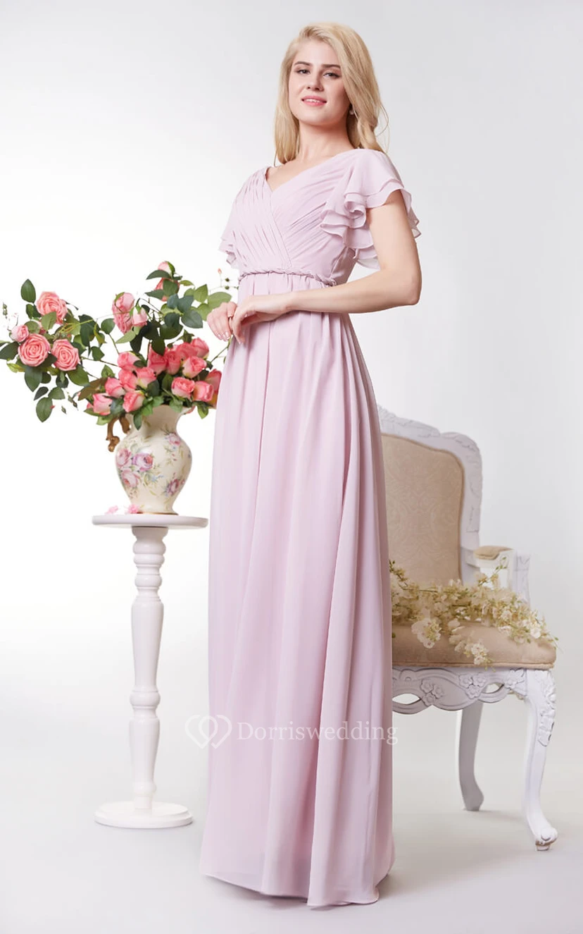 Graceful V-neck Empire Chiffon A-line Gown With Ruffled Sleeves view 2