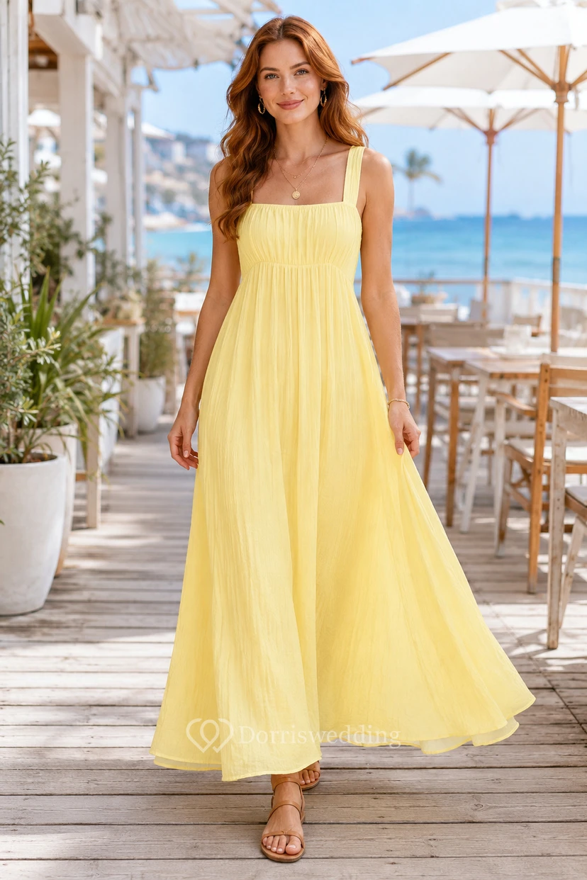 Hochzeitsgastkleid aus narzissengelbem Chiffon, A-Linie, eckiger Ausschnitt, ärmellos, knöchellang