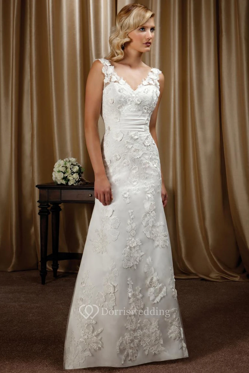 Sheath Appliqued Floor-Length V-Neck Sleeveless Wedding Dress With Flower And Deep-V Back