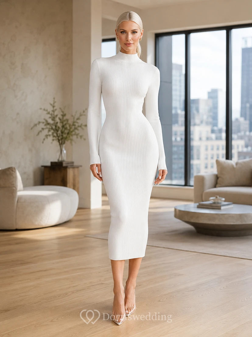 Robe de mariée moderne en jersey, coupe ajustée, longueur thé, col montant et manches longues, coupe colonne épurée