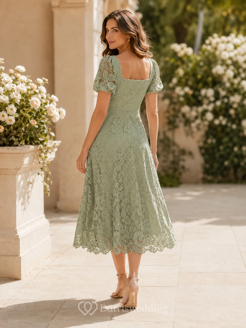 Vestido de encaje romántico de encaje, largo hasta la rodilla, cuello cuadrado, mangas abullonadas, para invitadas view 2