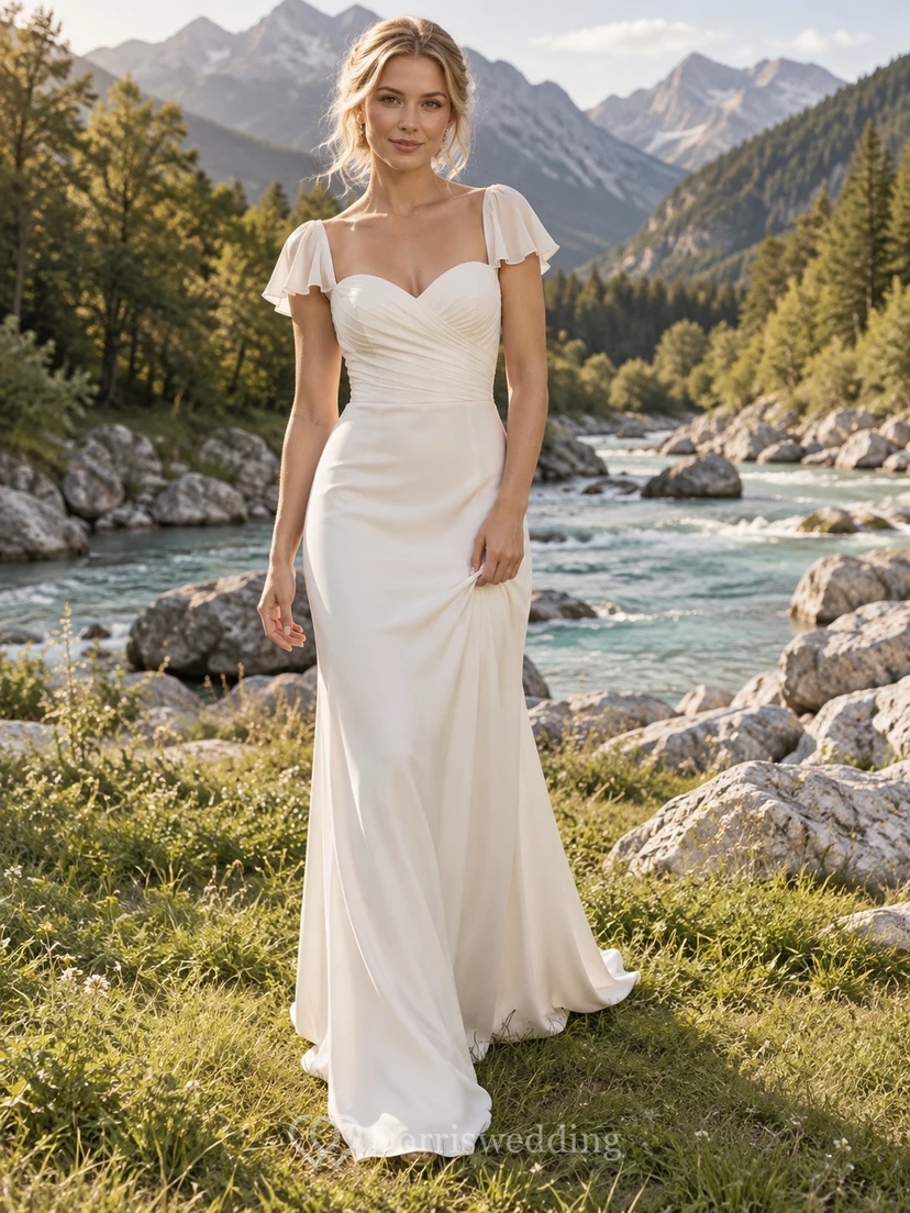 Vestido de novia sencillo de crepé con escote corazón, espalda de satén, manga corta, fruncido y cola larga.