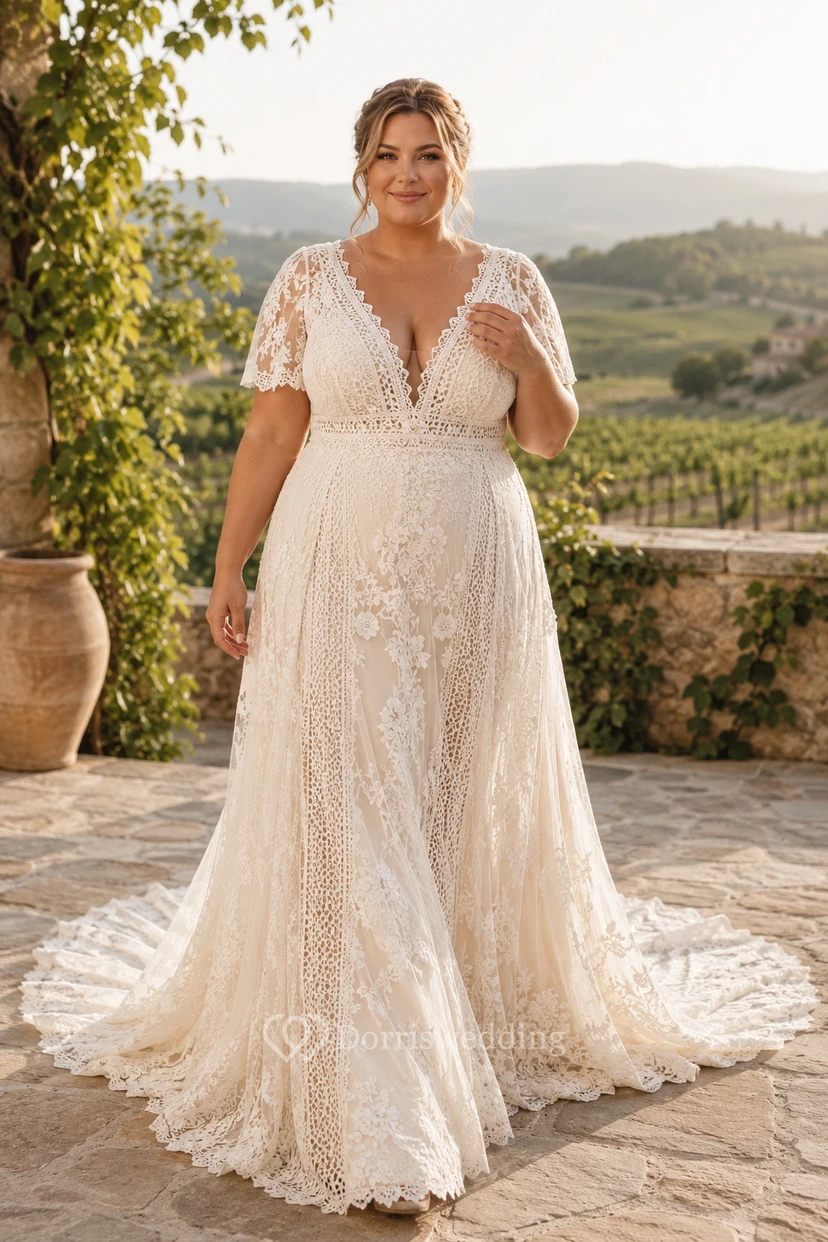 Robe de mariée grande taille en dentelle, col en V, coupe trapèze, manches courtes et traîne