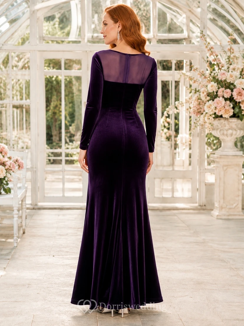 Plum Velvet Jewel Neck Long Sleeve Mermaid Floor-length Illusion Luxury Formal Evening Dress view 2