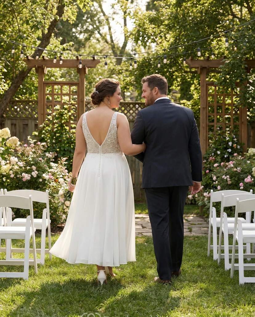 Robe de mariée mi-longue à corsage perlé, col en V, en mousseline, coupe trapèze, idéale pour la plage view 6