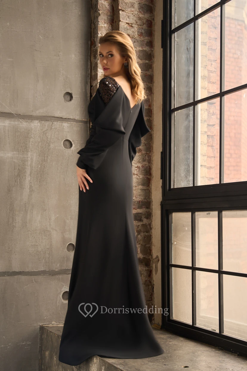 Blue V-neck Sexy Long Sleeve Chiffon Dropped Sequin Dress view 9