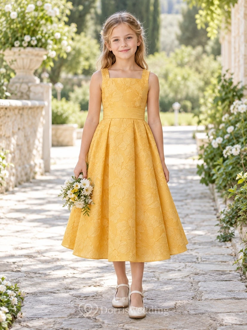 Square Neck Tea-length Gold Floral Sleeveless Pleated Jacquard Flower Girl Dress