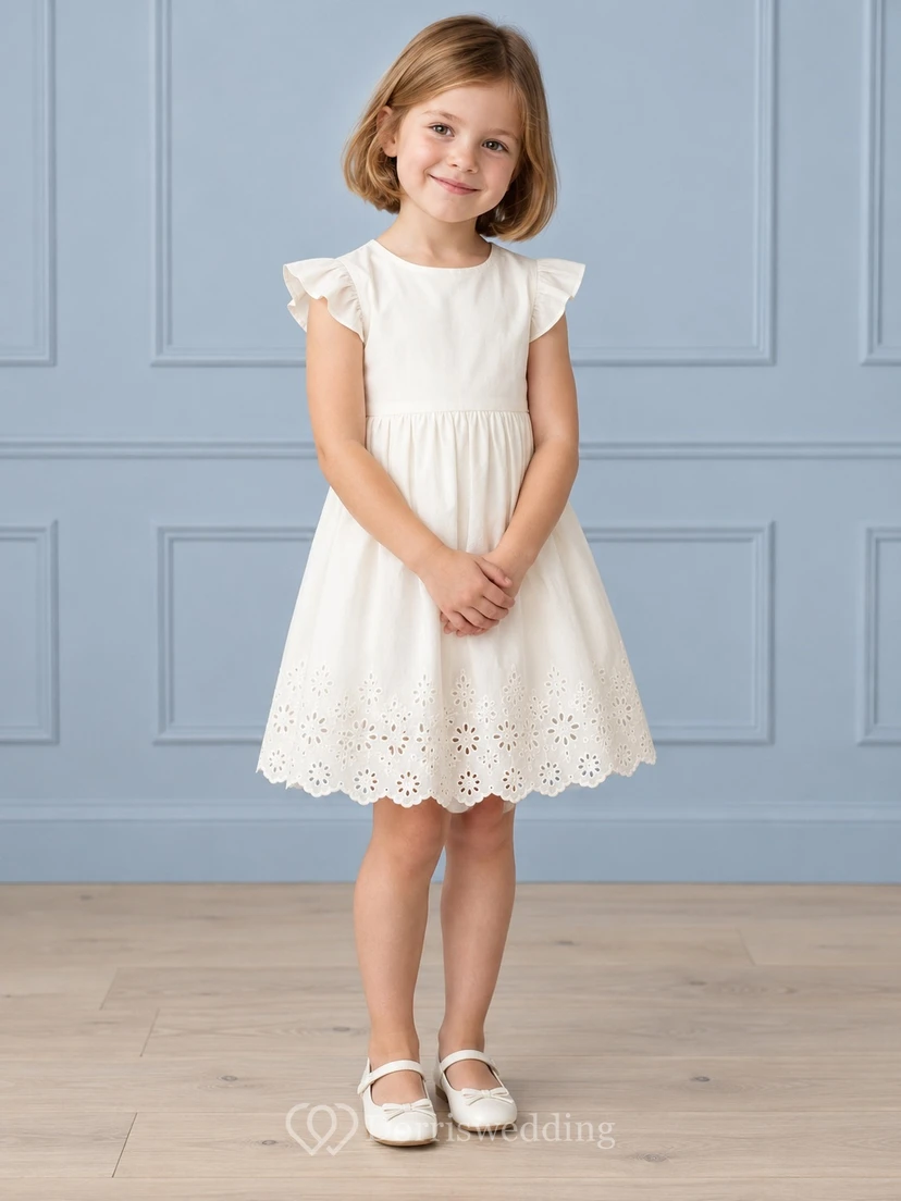 Simple Modest Ivory Knee-length Jewel Angular Flutter-sleeved Dense Daisy-Eyelet Scalloped-hem Gathered Zipped Flowergirl Dress