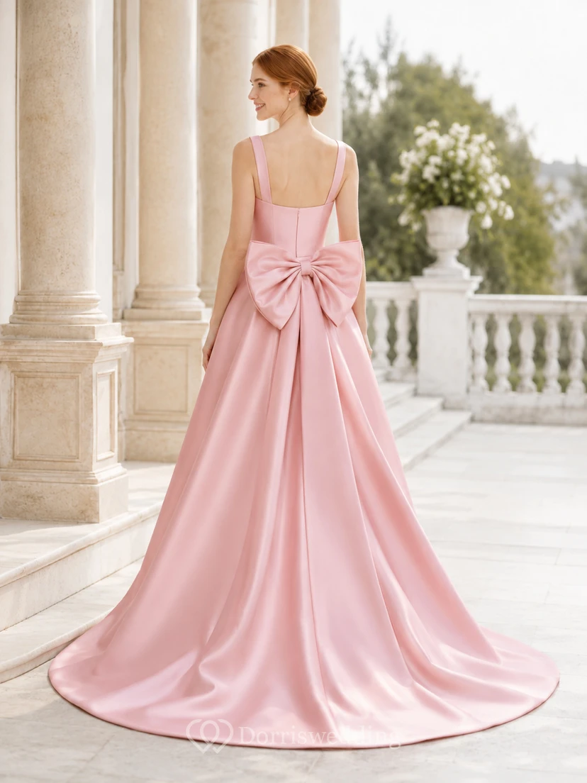 Blushing Pink Square Neck Satin A-Line Bow Back Cathedral Wedding Dress view 2