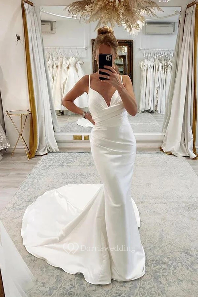 Spaghetti Satin Ruched Mermaid Wedding Dress with Court Train