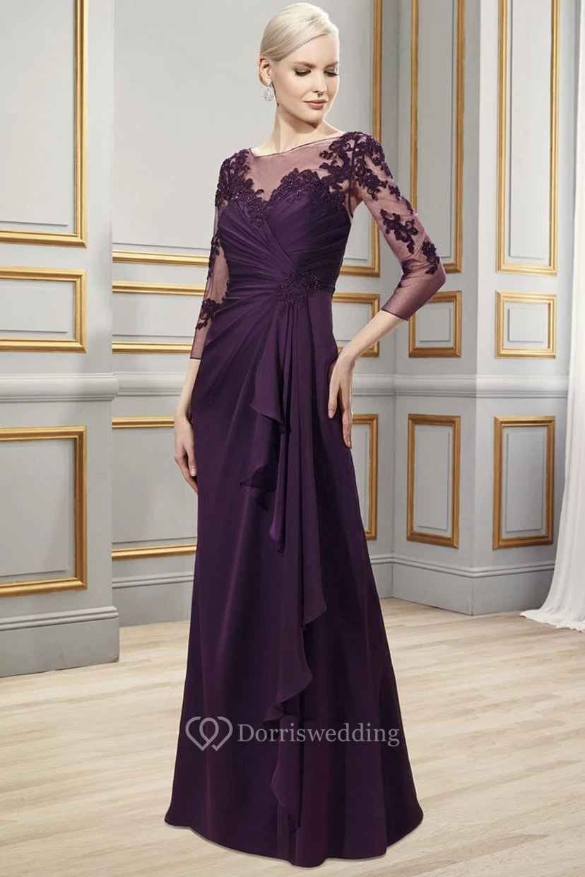 Appliqued Bateau Neck 3-4 Sleeve Chiffon Formal Dress