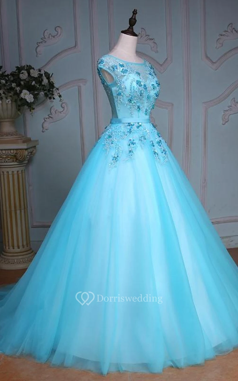 Ball Gown Tea-Length Bell Cap Bat Beading Appliques Court Train Corset Back Tulle Lace Sequins Dress view 3
