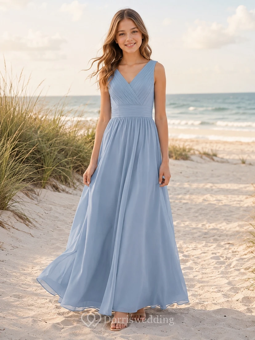 Stahlblaues Brautjungfernkleid für junge Damen, A-Linie, V-Ausschnitt, ärmellos, mit Falten, romantisch