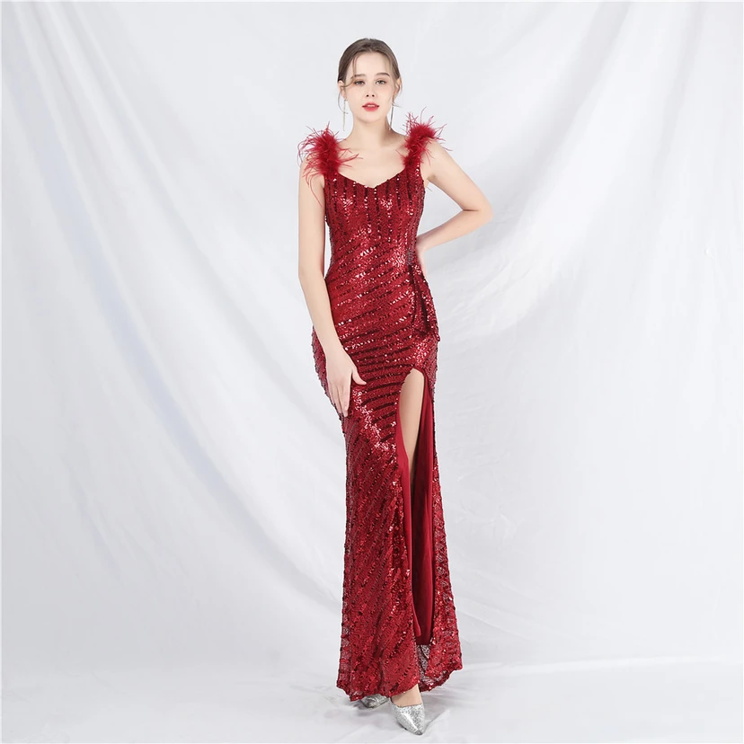Evening Dress Craft Beaded Ostrich Feather Sequined Side Slit Evening Dress view 56