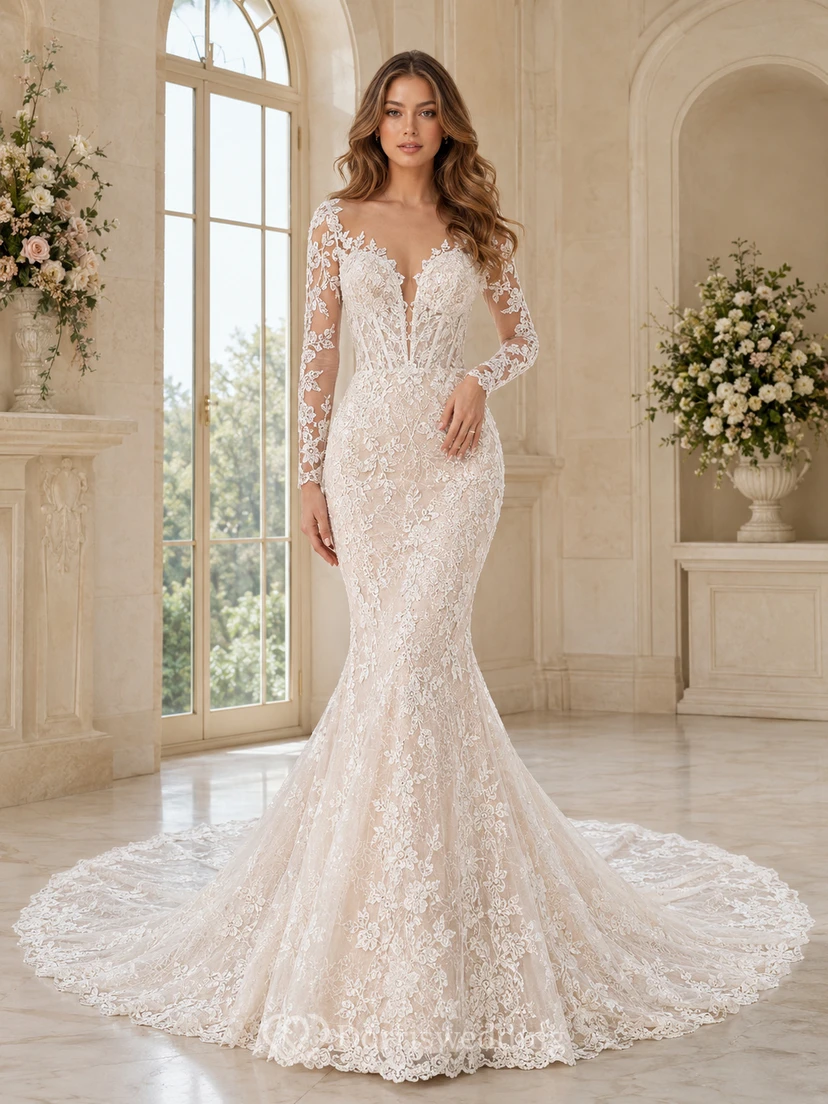 Robe de mariée sirène en dentelle, col en V, manches longues, traîne chapelle, applications florales, style jardin