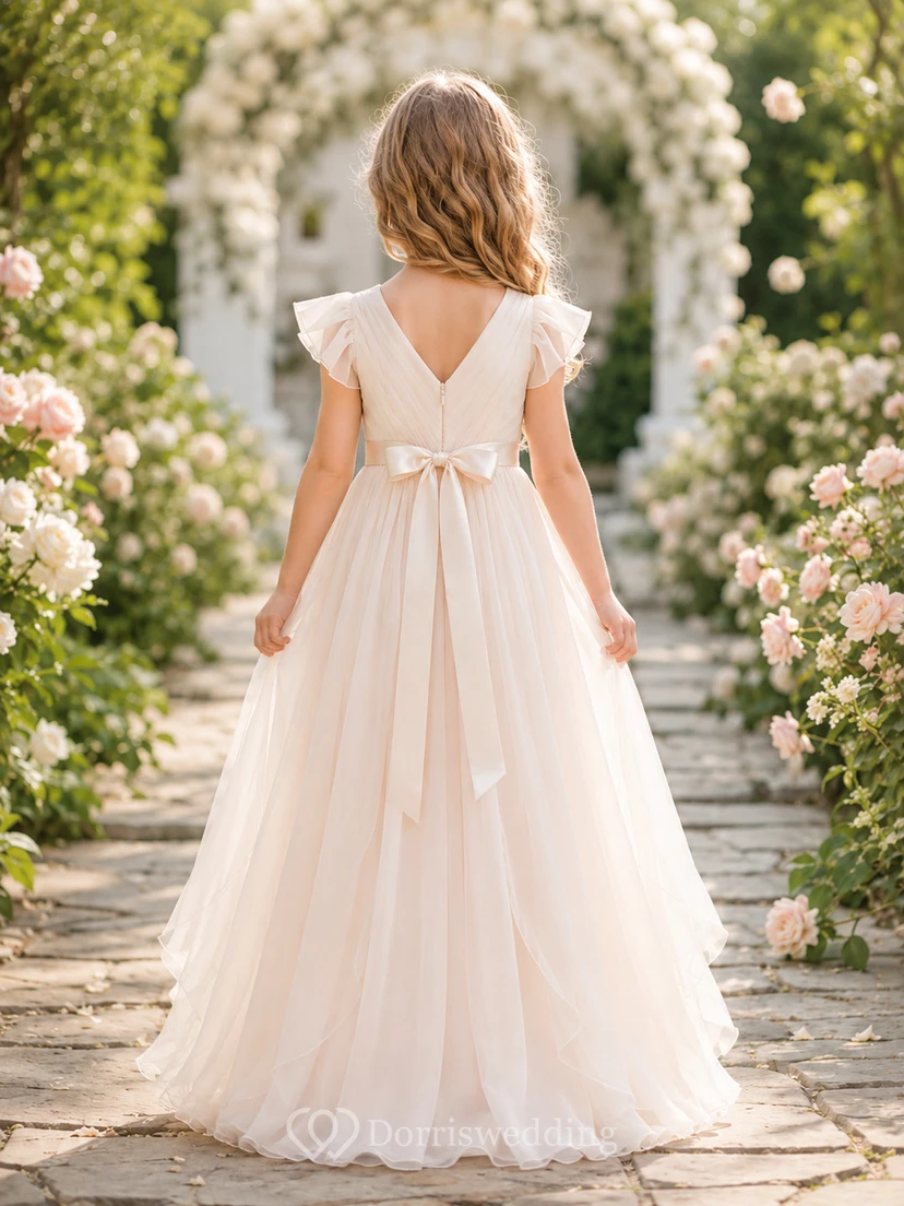 Blumenmädchenkleid Champagnerfarbenes Ballkleid aus Spitze und Tüll mit Rundhalsausschnitt, bodenlang view 2
