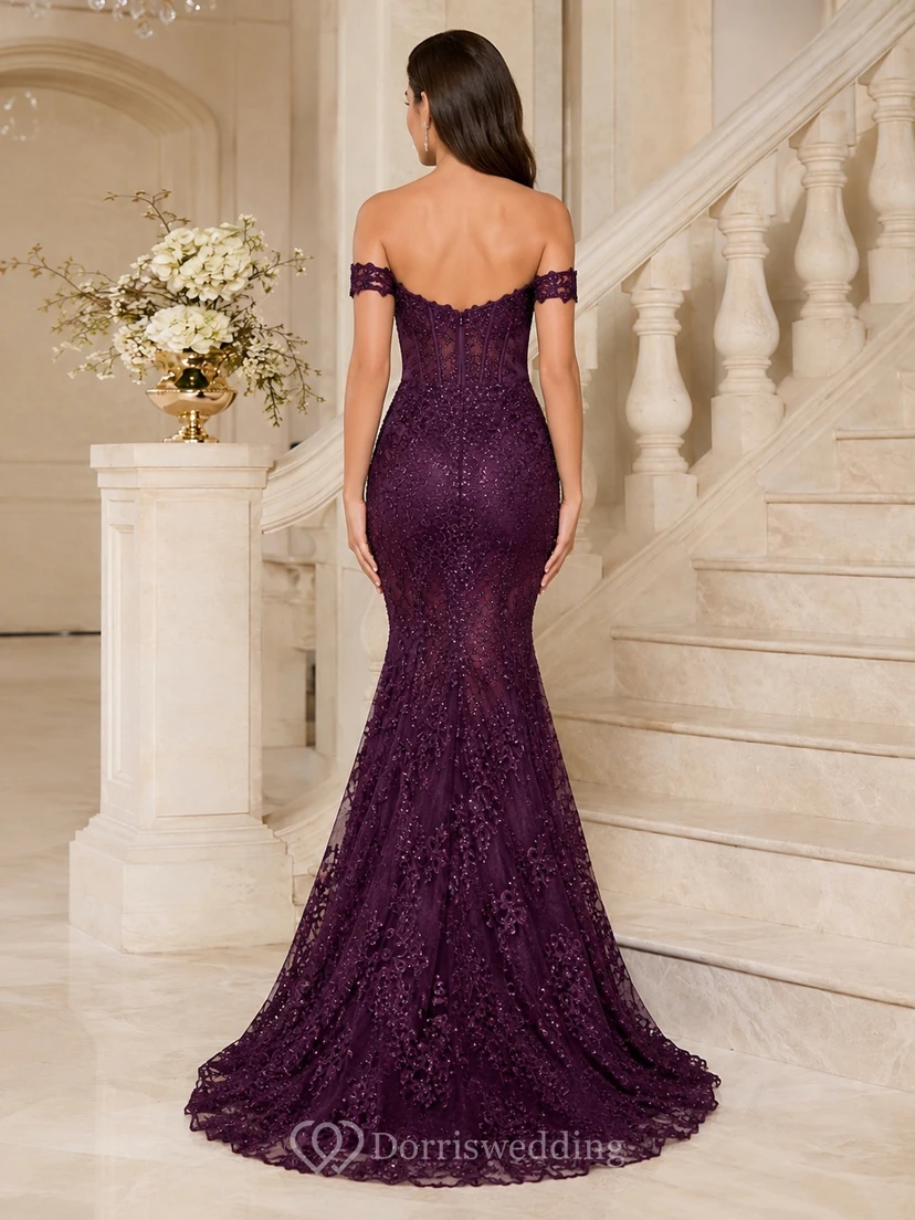 Plum Off-Shoulder Sweetheart Lace Mermaid Sweep Train Sexy Evening Prom Gown view 2