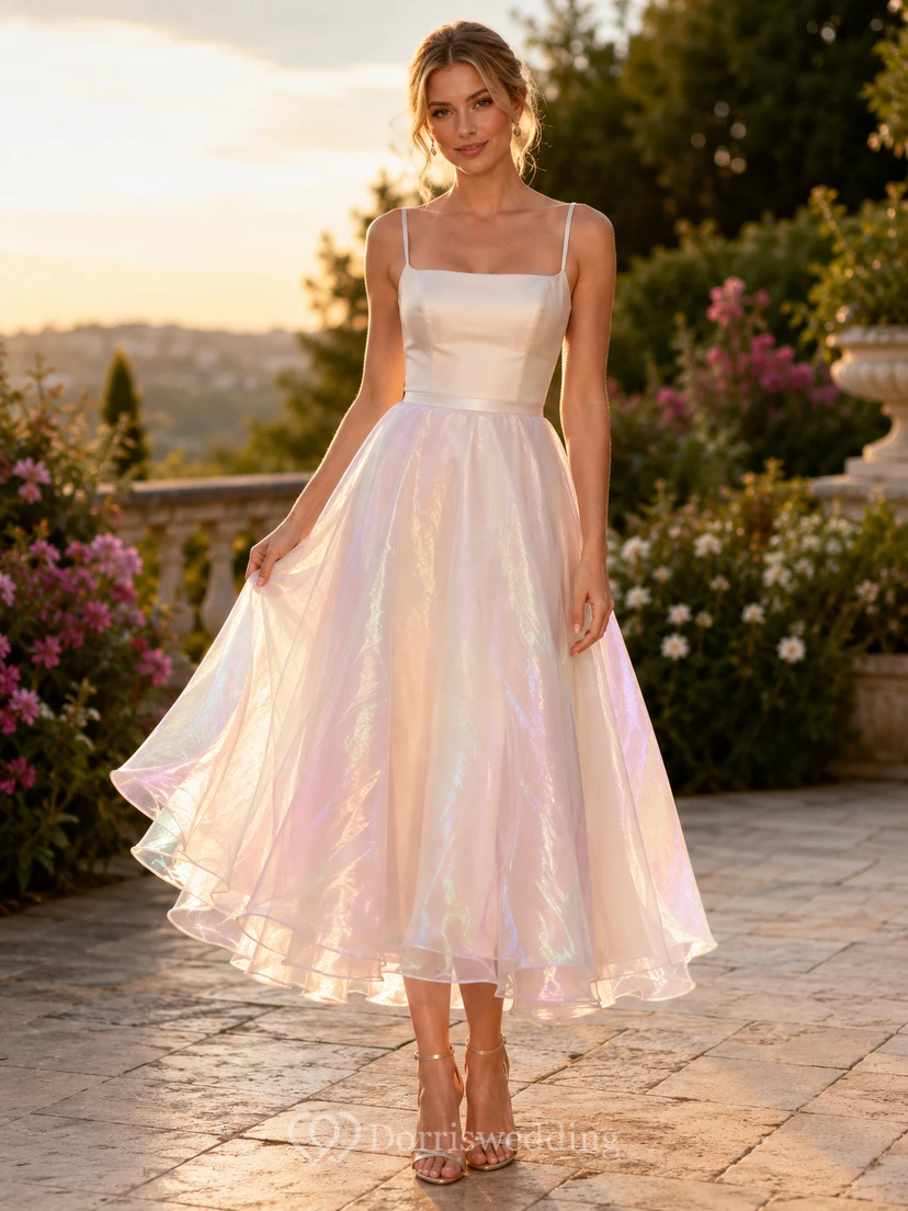 Robe midi d'invitée en organza irisé rose perle à col carré