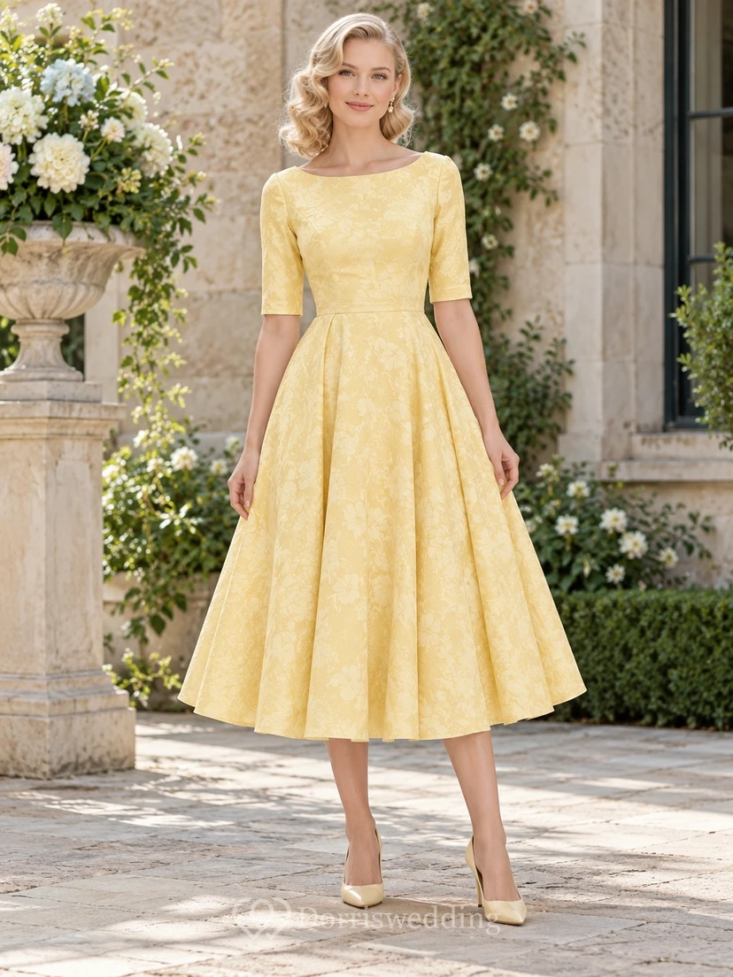 1940s Daffodil Bateau Elbow Sleeve Lace Tea-Length Bridesmaid Dress
