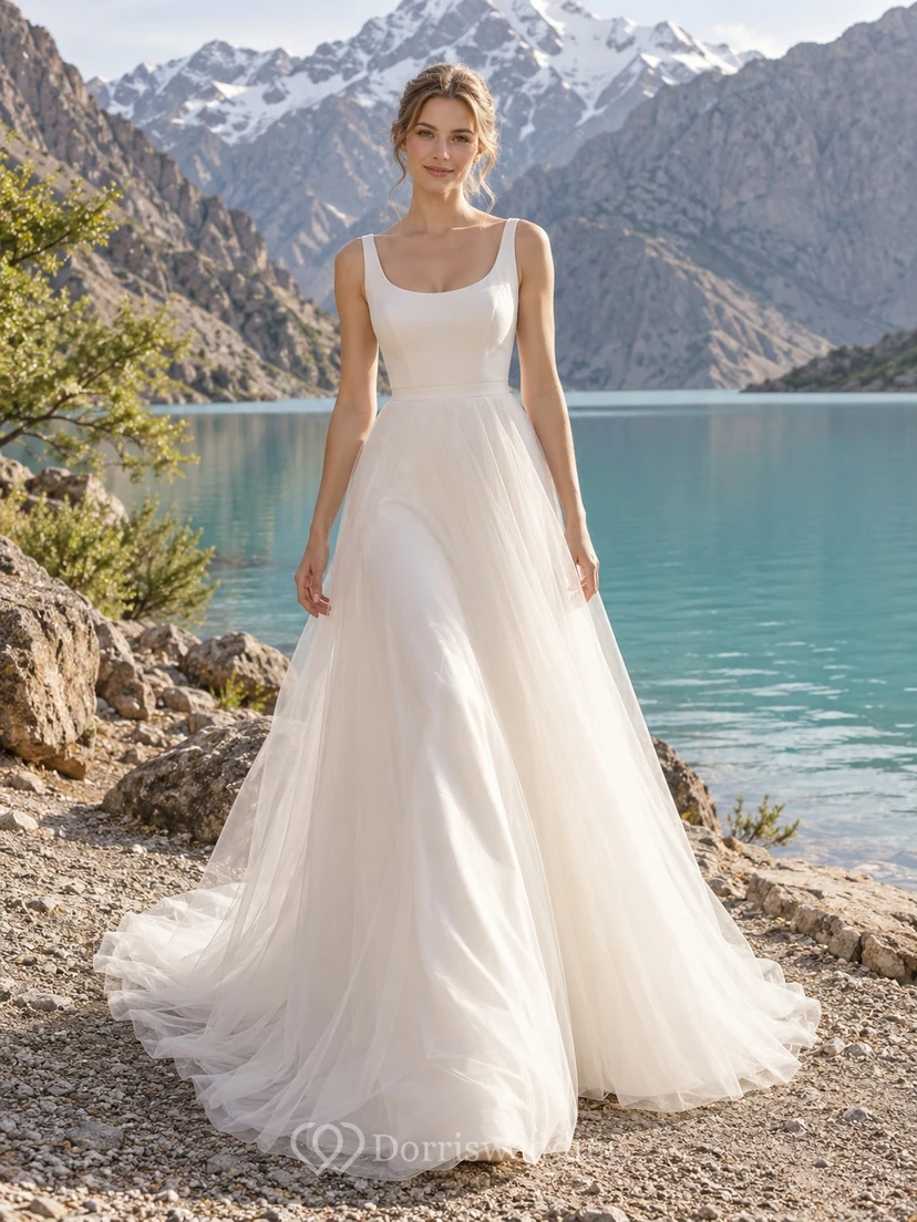 Vestido de novia sencillo sin mangas, con escote redondo y falda fluida de tul en línea A