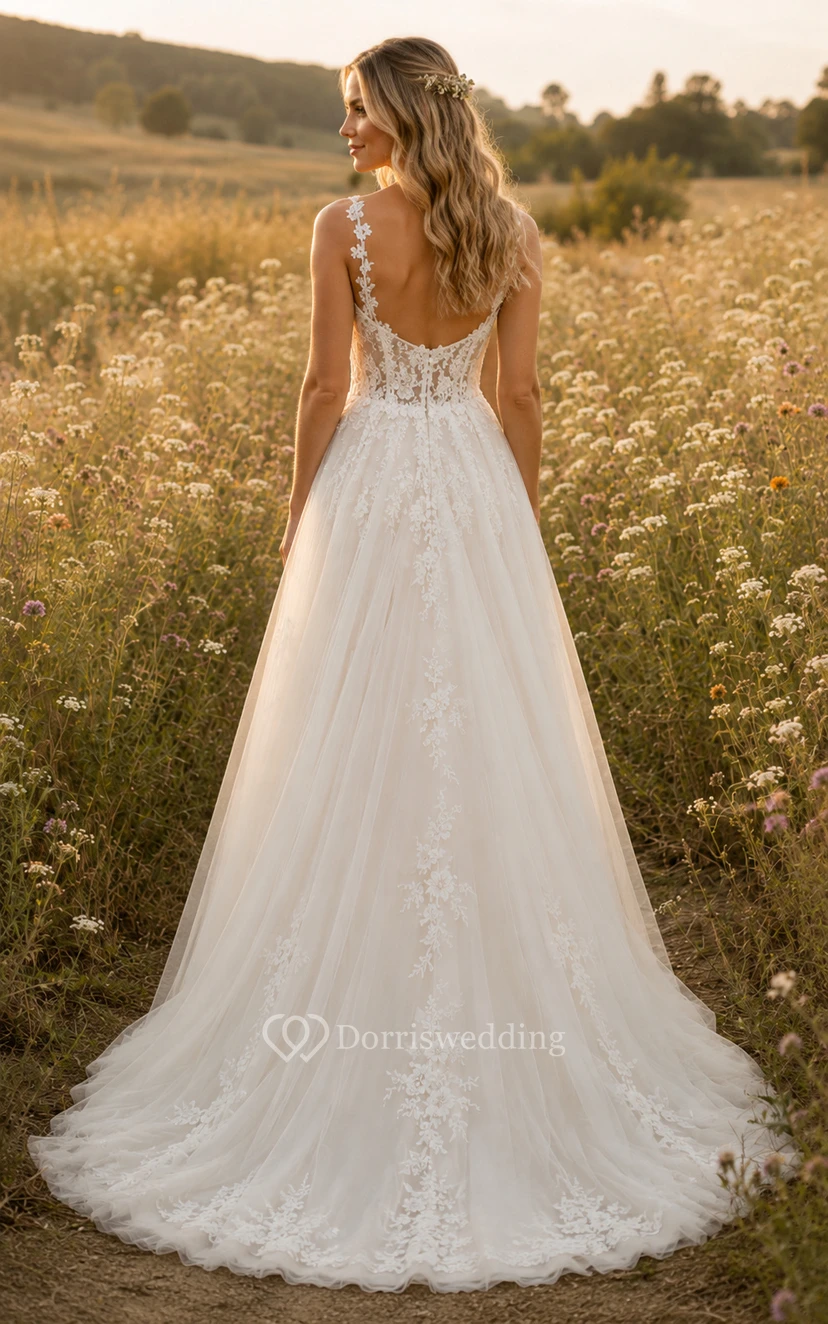 Sweetheart A-Line Lace Country Wedding Dress with Floral Straps and Tulle Skirt view 2