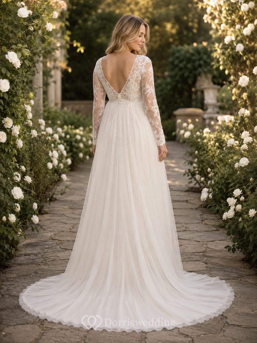 Vestido de novia premamá de manga larga con corpiño de encaje, corte A, falda de tul estilo jardín con espalda en V. view 2
