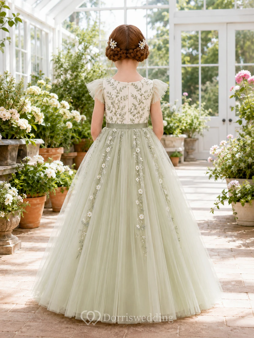 Flower Girl Dress A-Line Celadon Custom Size Lace Tulle Garden view 2