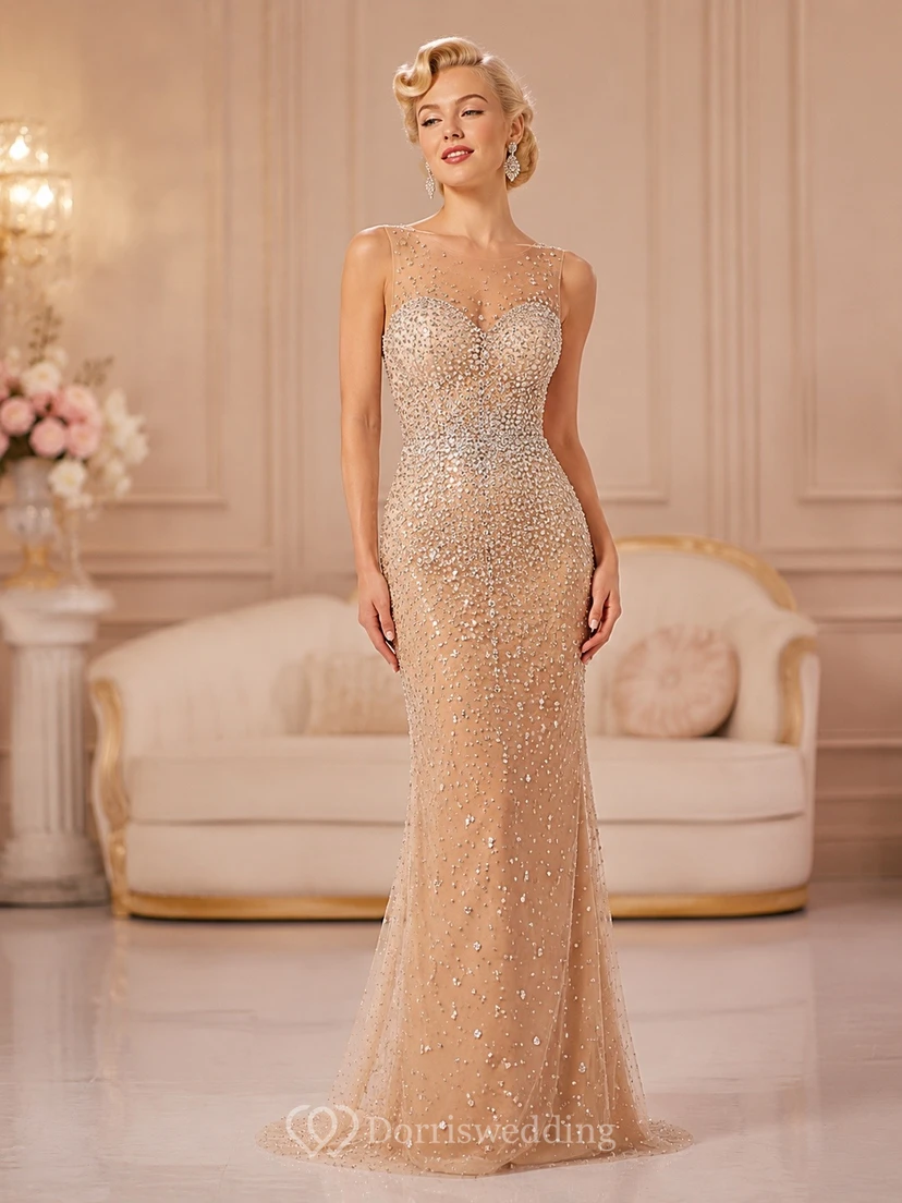Vintage Champagne Beaded Spaghetti Strap Sheath Evening Gown
